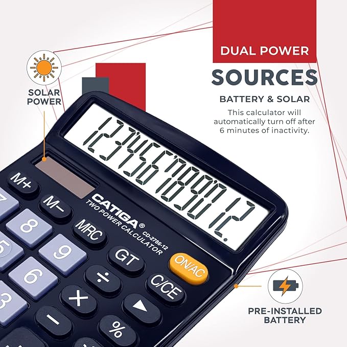 CATIGA Desktop Calculator (2 Pack) 12 Digit with Large LCD Display and Sensitive Button, Solar and Battery Dual Power, Standard Function for Office, Home, School, CD-2786 (2 Black)