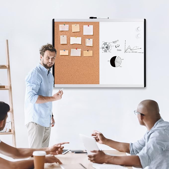 Amazon Basics Rectangular Magnetic Whiteboard & Cork Board Combo for Home, Office and Classroom, Plastic/Aluminum Frame, White,Yellow, 17" x 23"