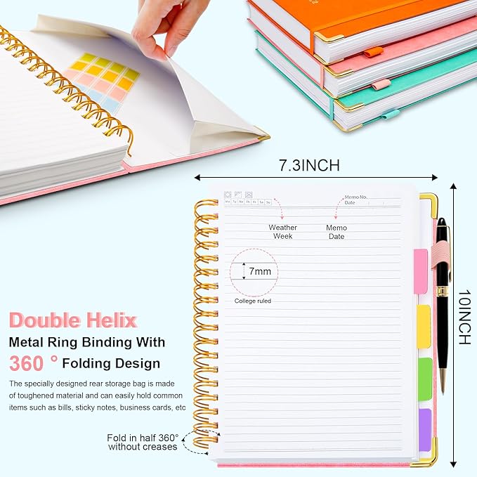 Hardcover Spiral Notebook 8"x10" Journal Notebook with Tabs and Removable Dividers 300 Pages 5 Subject Notebook College Ruled, Faux Leather Spiral Bound Notebook for Women, Students, School Work (Pink)