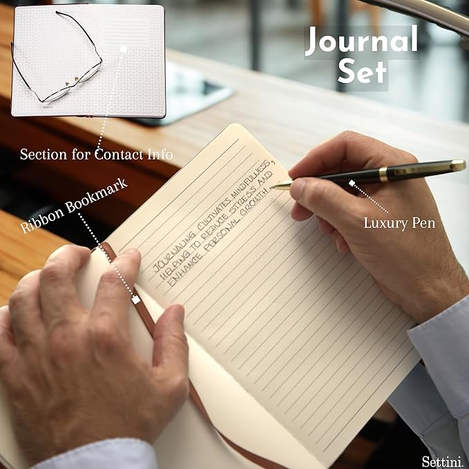 SETTINI® Lined Journal - Modern White Journal for Writing Gift Set - Hardcover Vegan Leather, Includes Luxury Pen in a Unique Pen Holder, 192 Pages, 6 x 8.5 inches, Birthday Gift