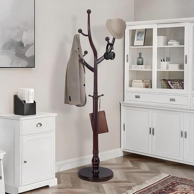 Coat Rack Tree Freestanding with Hooks, Heavy Duty Standing Wood Coat Rack with Solid Round Base, 74” Tree Shaped Coat Hanger Stand for Clothes, Hat, Jacket, Entryway Bedroom, Red Brown