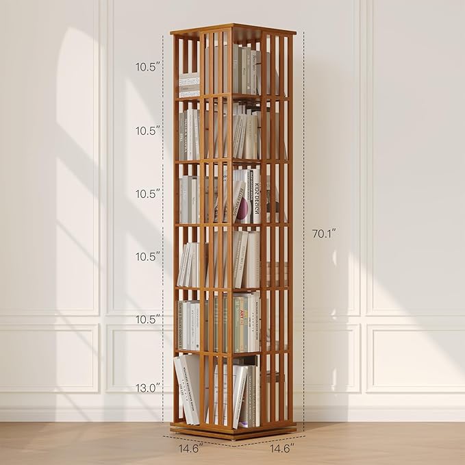 Rotating Bookshelf Tower, 360 Display Spinning Bookcase, Bamboo Bookshelf Floor Standing Storage Rack, Wood Narrow Book Shelf Organizer for Kids&Adults, Walnut 6 Tier