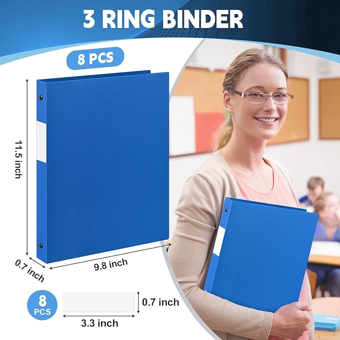 Henoyso 8 Pcs 3 Ring Binder 1/2'' Round Fits Letter Size 8. 5'' x 11'' Paper Plastic Flexible Binder Holds 100 Sheets with 1 Pockets Versatile Organizer for Office Home School (Blue)