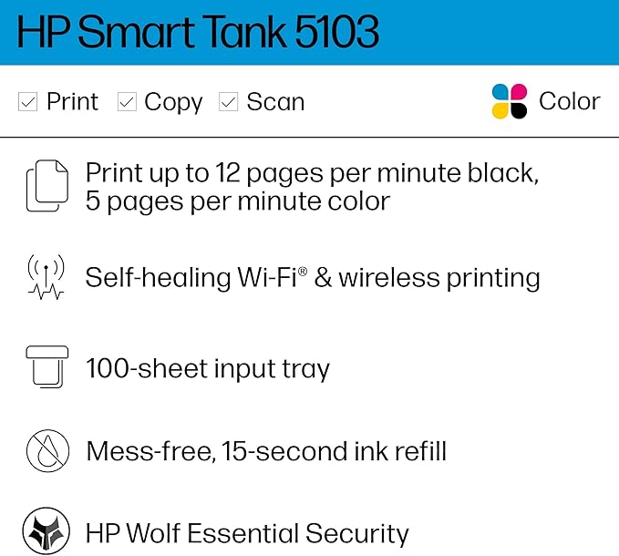 HP Smart Tank 5103 Wireless All-in-One Refillable Ink Tank Printer, Scanner, Copier with 2 Years of Ink and 100 Sheets of Photo Paper Included, Best for Home (5D1B2A)