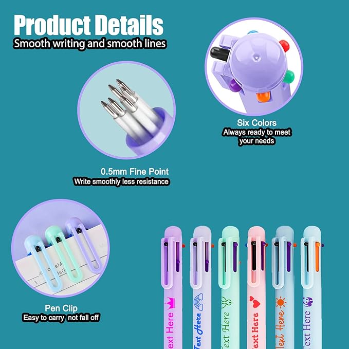 Custom 6-In-1 Multicolor Ballpoint Pen 0.5mm Tip Personalized Pens with Text Logo Name Printed Customized Pens Gift for Businesses School Office Employee Exhibition, 140PCS