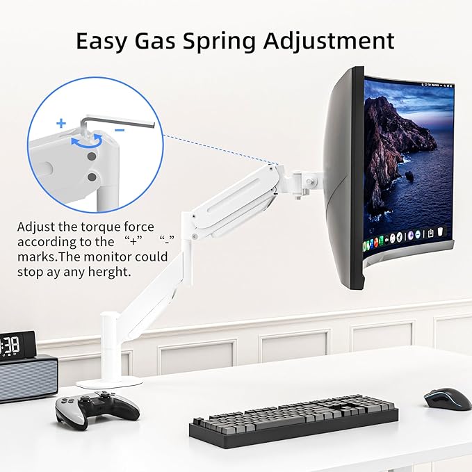 Suptek Single Monitor Mount,Ultrawide Monitor Arm Mount Single Desk Mount for 17 to 43 inch Curved Screen,Holds 28.6 lbs,Pneumatic Height,75/100 Vesa Mount,White(MD71MW)