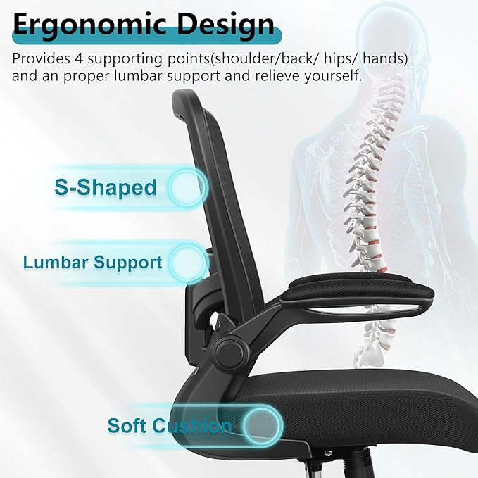 FelixKing Office Chair, Ergonomic Desk Chair Breathable Mesh Chairs with Adjustable High Back Lumbar Support Flip-up Armrests, Executive Swivel Comfy Task Computer Chairs for Home Office Black