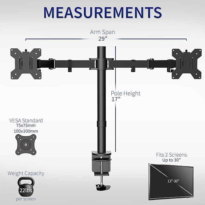 VIVO Dual Monitor Desk Mount, Holds 2 Computer Screens up to 30 inches and 22lbs Each, Heavy Duty Fully Adjustable Steel Stand with C-Clamp and Grommet, Black, STAND-V002