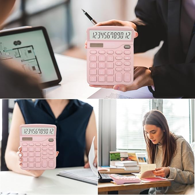 Basic Office Desktop Calculator - 12 Digit Large LCD Display, Sensitive Buttons for Pink Office Supplies and School Supplies