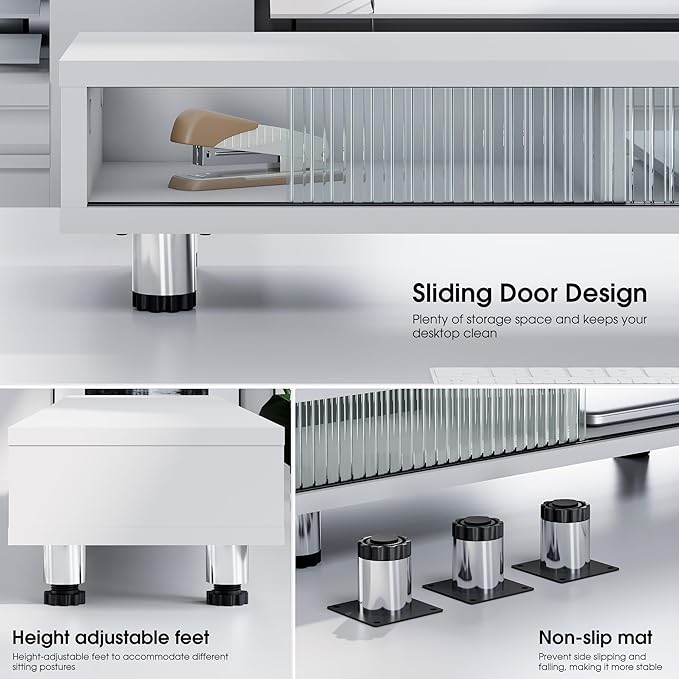 Fenge Dual Monitor Stand, 42.5inch Long Monitor Stands Riser for 2 Monitors, Sliding Door with Storage Organizer Stand for Desk, 2 Tier Desk Shelf for Laptop, Pc, Printer, Computer, TV