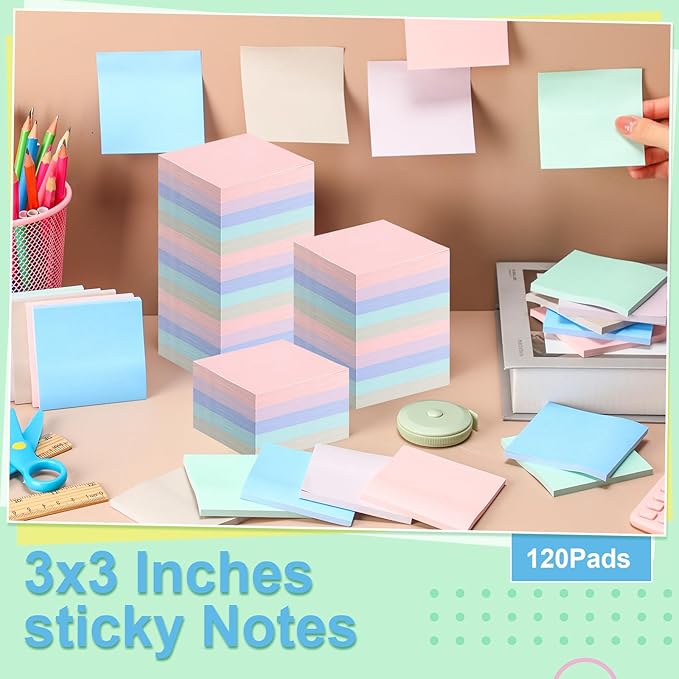 Fainne 120 Pack Sticky Notes Bulk Back to School Supplies Self Stick Note Pads Paper Memo for Office First Day of School Student Teacher Essentials (3x3 Inch,Cute Color)