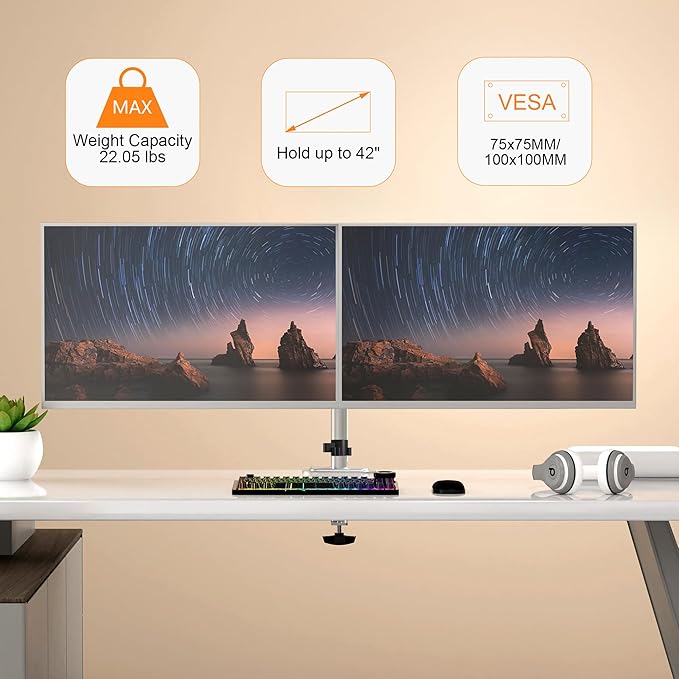 Pholiten Dual Monitor Stand, Heavy Duty Adjustable Monitor Arm Desk Mount for 2 Screens up to 42Inches, Tilt, Swivel, Rotate, Supports Tilt, Swivel, Rotate, Supports 22 lbs per Arm,Silver