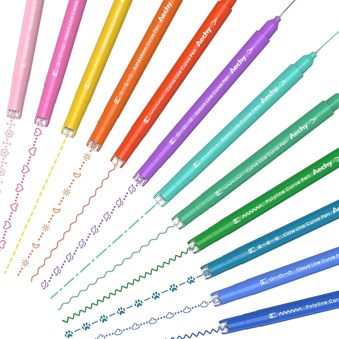 AECHY 12PCS Colored Curve Pens for Note Taking, Dual Tip Pens with 10 Different Curve Shapes & 12 Colors Fine Lines, Curve Highlighter Pen Set for Kids Journaling Note Taking Supplies