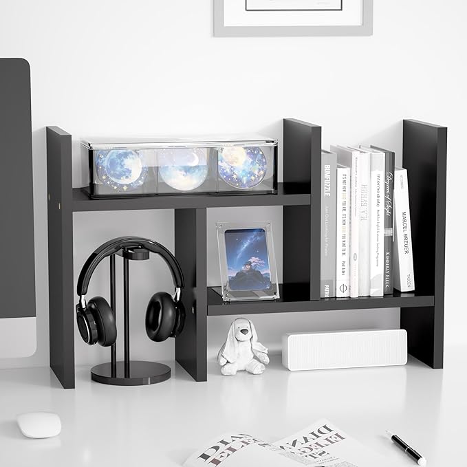 Jerry & Maggie Desktop Organizer Office Storage Rack Adjustable Wood Display Shelf Free Style Double H, Multi-Functional Mini Bookshelf for Desk Natural Stand (Black)