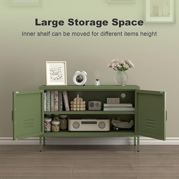 TV Stand with Storage,Metal Cabinet with Doors,TV Console with Storage with Adjustable Shelf,Morden TV Cabinet for Bedroom,Living Room,Avocado Green