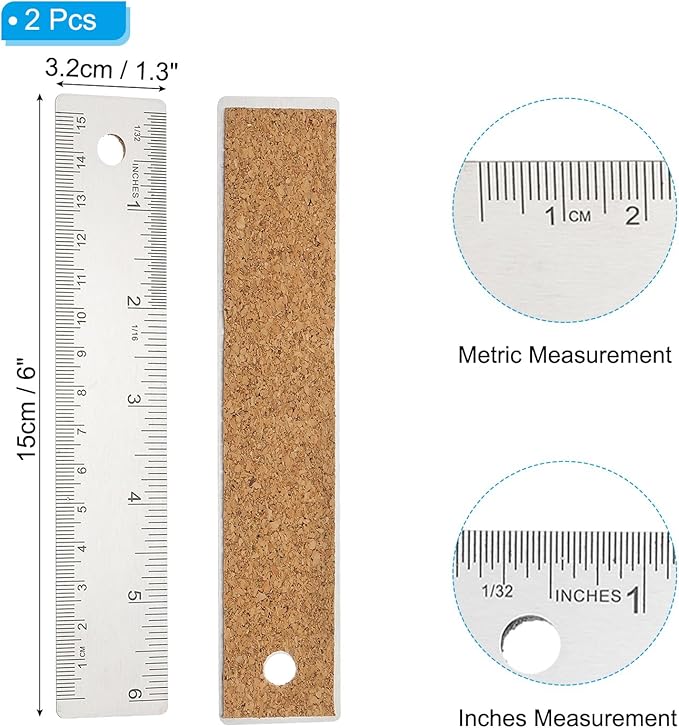 PATIKIL 6 Inch Stainless Steel Ruler Straight Edge Ruler, 2 Pcs Cork Backing Non-Slip Metal Ruler with Inches Centimeter Metric Measuring Tools for Office