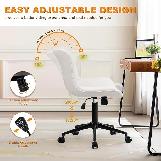 Office Chair, Armless Desk Chair with Wheels, Ergonomic Comfy Home Office Computer Task Chairs, Faux Leather Padded Cute Vanity Chair, Adjustable Height Swivel Chair with Back,White