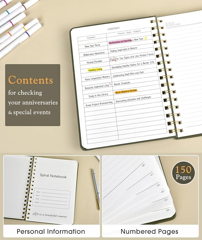 Lined Spiral Journal Notebook, A5 Hardcover Spiral Journals for Women Men, 150 Numbered Pages Spiral Bound Notebook, 100 GSM College Ruled Notebooks for Work, Note Taking 5.75" x 8.38", Olive Green