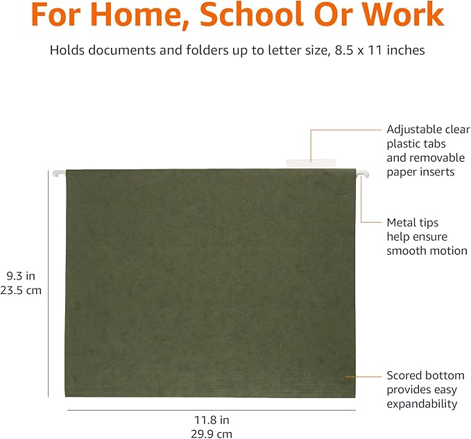 Amazon Basics Hanging Organizer File Folders for Efficient Filing, Sturdy, Adjustable Tabs, Letter Size, Pack of 25, Green