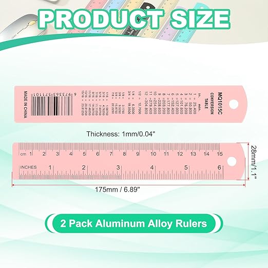 PATIKIL 15cm/6" Metal Ruler, 2 Pack Aluminum Alloy Rulers with Centimeters, Millimeters, Inches and Conversion Table Straight Edge Ruler for Writing Machinist Drafting, Pink