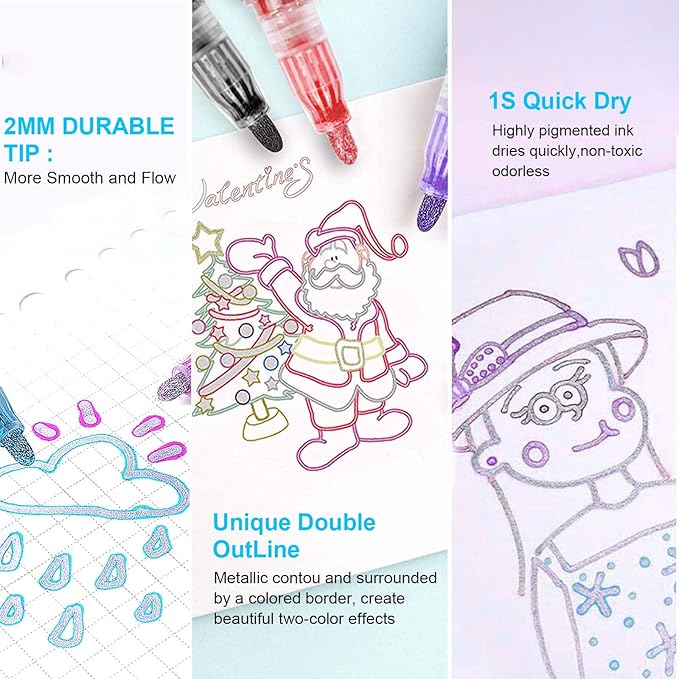 Double Line Outline Markers, 48Colors Super Squiggles Shimmer Outline Marker Pen Set, Self Outline Metallic Markers Glitter Writing Drawing Pens for Birthday Greeting Card, Doodling, DIY Art Crafts