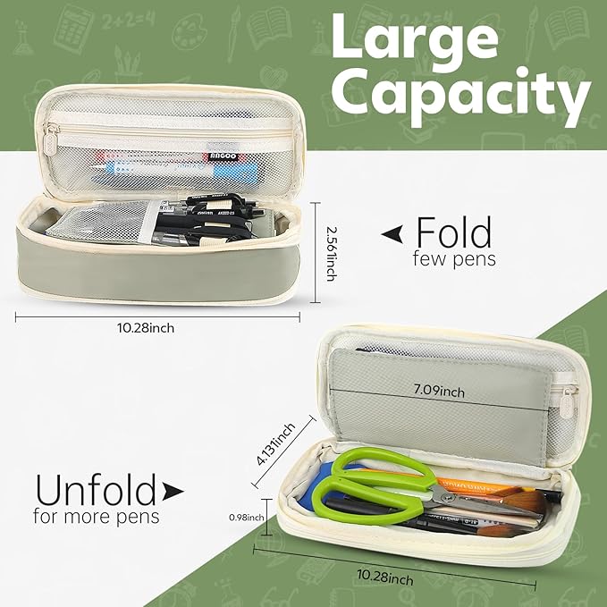 Pencil Case, Large Capacity Aesthetic Pencil Cases with Durable Zipper, Big Stationery Pencil Pouch for Women & Men, Adults Portable Storage Organizer Bag for College, Office, Travel (Green)