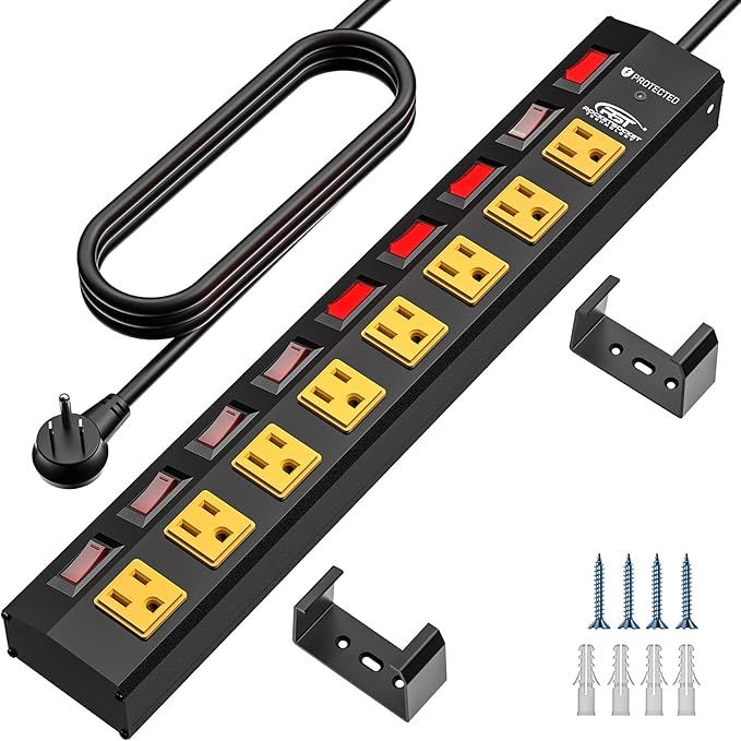 CRST 8 Outlet Heavy Duty Power Strip with Individual Switches, 15A/1875W Metal Power Strip Surge Protector with Circuit Breaker (1200 Joules), 6 FT 14AWG Extension Cord and Mounting Bracket
