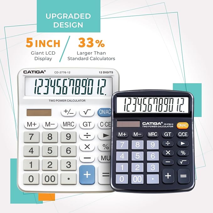 Premium Commercial 12-Digit Large Desktop Calculator with Huge 5-Inch LCD Display Screen, Giant Responsive Buttons, Battery and Solar Powered, Perfect for Home/Office Accounting Finance Use, CD-2776