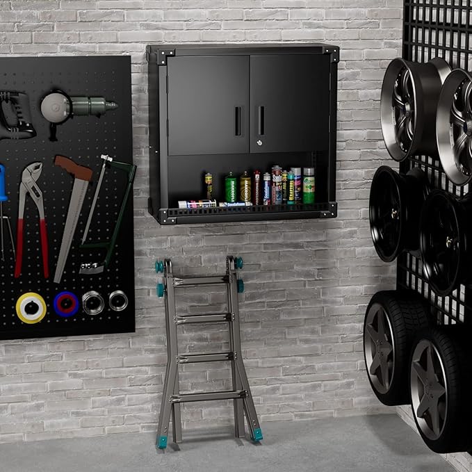 INTERGREAT Metal Wall Storage Cabinet with Locking Door and Adjustable Shelves, 31" Black Wall-Mounted Tool Cabinet for Garage,Warehouse,Office,Basement