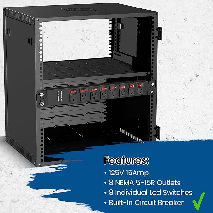 Rack Mount Power Strips,8 Outlet Strips Surge Protector with Individual Switches, PDU Power Strip for Server Racks, 14AWG Heavy-Duty Braided Extension Cord,2700J,15A 125V 1875W (10 FT Cable)