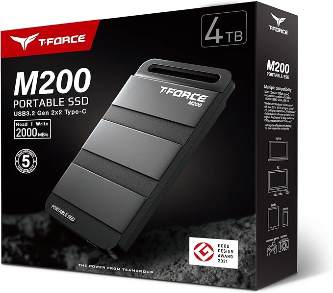 TEAMGROUP T-Force M200 Portable External SSD 4TB USB3.2 Gen2x2 Type-C Read/Write 2000MB/s Compatible with PS5 & Xbox & Chrome OS T8FED9004T0C102
