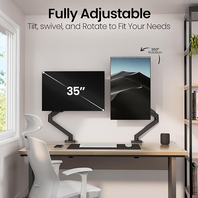 EVEO Premium Single Monitor Arm 14"–34", Adjustable Gas Spring Monitor Mount, Single Arm Desk Mount for 34 Inch Computer Screens, VESA Compatible Stand with Clamp and Grommet Base – Black