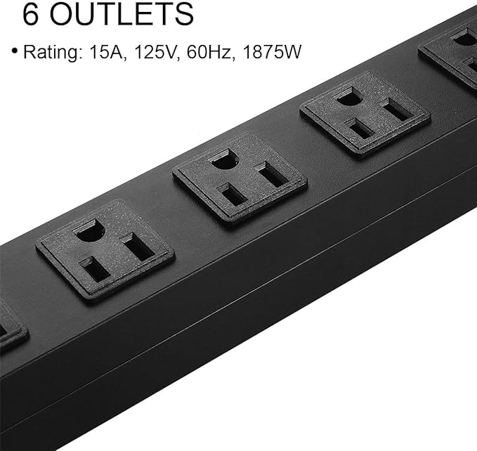 Metal Wall Mount Power Strip, Mountable Power Outlet with 6 AC Outlets, Aluminum Alloy Mount Power Socket with Switch, 6 FT SJT 3/C 14AWG Power Cord, 15A 125V 1875W (6AC) Black