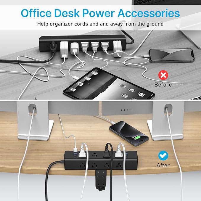 CCCEI Desk Outlet Station 45W USB C Port. 12 Outlet Desktop Clamp Power Strip Surge Protector 4800J with Switch. Nightstand Office Standing Desk Accessories Fit Thicker Table Edge or Screw Mount, 10FT