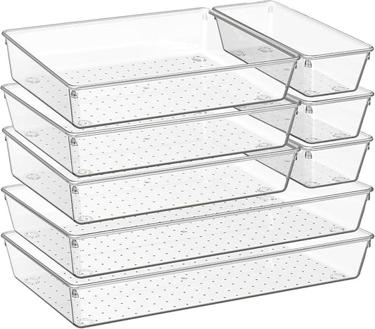 Criusia 8 Pack Drawer Organizer for Kitchen Gadgets, Large Clear Plastic Drawer Divider for Kitchen Accessories, Bathroom Organizers and Storage, Home Essentials for Makeup and Vanity Accessories
