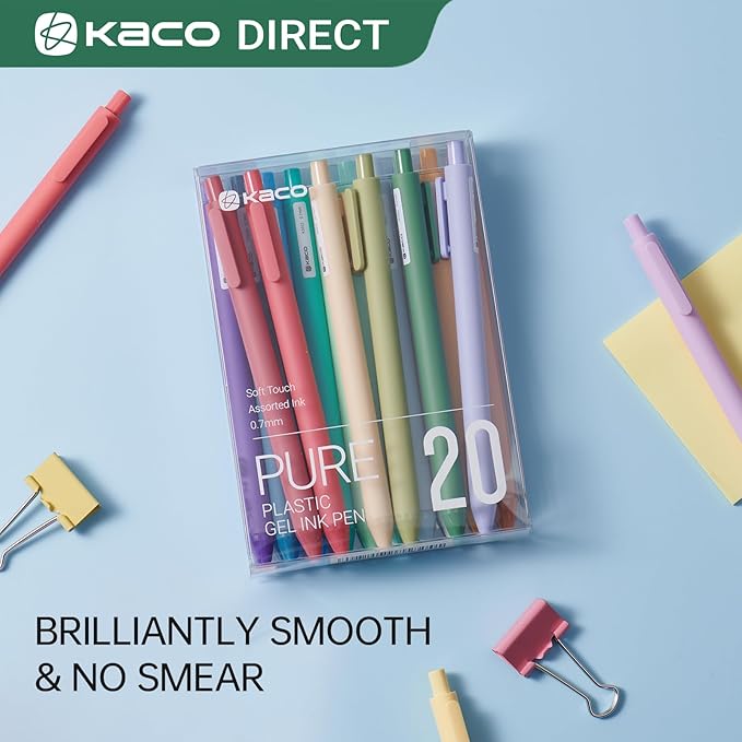 Kaco PURE Gel Pens 20 Assorted Color Ink 0.7mm, Medium Point, Aesthetic Cute Stationery Pens for Journaling Pens