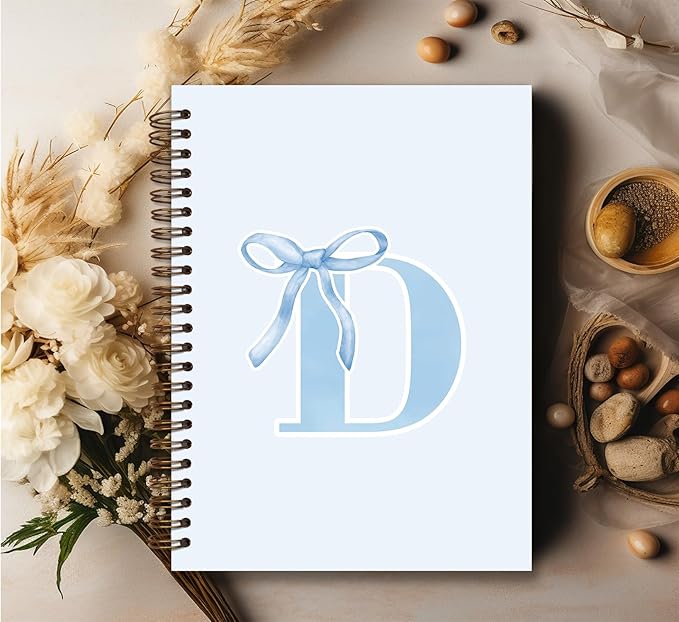 Initial D Notebook Journal,Personalized Teen Girl Gifts,Coquette Trendy Preppy Blue Bow Spiral Notebook,Monogrammed Gifts for Women Teen Girl,College Ruled Hardcover Spiral Notebook 5.5 x 8.3