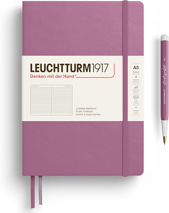 LEUCHTTURM1917 - Notebook Hardcover Medium A5-251 Numbered Pages for Writing and Journaling - Thinking Ahead (Ruled Paper, Dusty Rose)