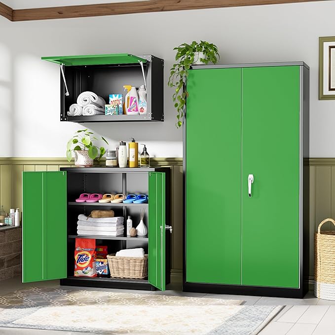 INTERGREAT Metal Storage Cabinet, Garage Steel Locking Cabinets with Doors and 4 Adjustable Shelves, Tall Lockable File Tool Cabinets for Home Office, Classroom Cabinet Basement, Black-Green