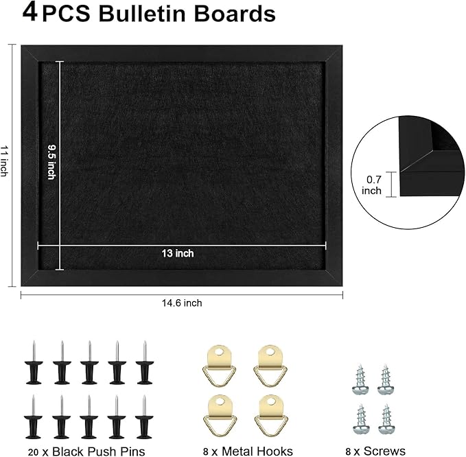 TORASO Cork Board Bulletin Board, Cork Boards for Walls with Pins, Eye Bolts, gaskets, Screws, Pin Board for Office, School and Home (All Black, 11“x14.5” - 4p)