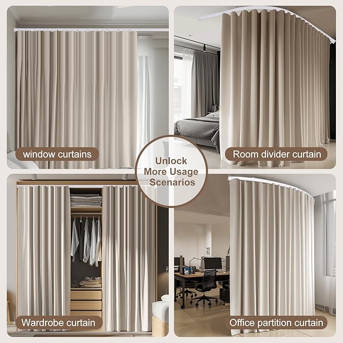 Room Divider Curtains & Flexible Bendable Tracks Set,Privacy Dividers Ceiling Track Curtain Window Blackout Curtains for Living Room Bedroom (W180 × H108 In 1 Panel Beige Drape & White Rail)