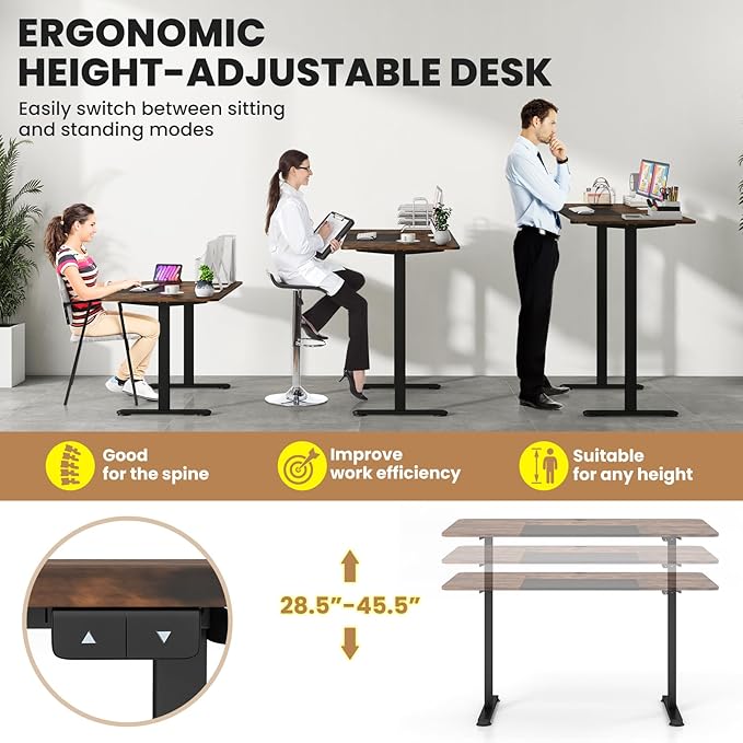 GOFLAME Height Adjustable Electric Standing Desk, 55 x 28 Inch Sit Stand Up Electric Desk with Metal Frame, Ergonomic Standing Workstation for Study, Office, Living Room, Brown