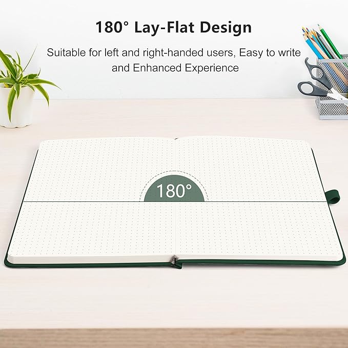 RETTACY Bullet Dotted Journal Notebook, 192 Pages, A5 Medium Size (5.7'' x 8.3''), Leather Hardcover, 100 GSM Thick Paper, for Bullet Journaling, Planning, Tracking (Dark Green)
