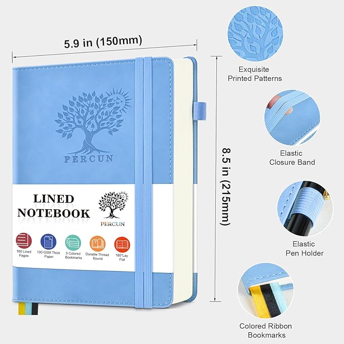 PERCUN Lined Journal Notebook for Men & Women, 160 Pages College Ruled Journal for Writing, A5 Hardcover Leather Notebooks for Work, School, Business, Travel, Daily Diary 5.9" x 8.5" - Blue