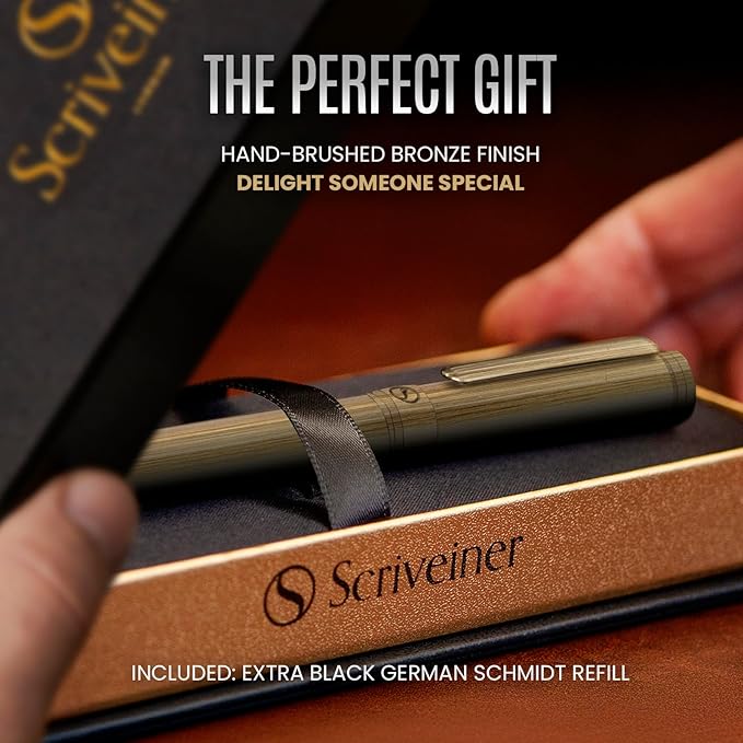 Scriveiner Bronze Rollerball Pen - Stunning Luxury Pen, Schmidt Ink Refill, Best Roller Ball Gift Set for Men & Women, Professional, Executive Office, Nice Pens