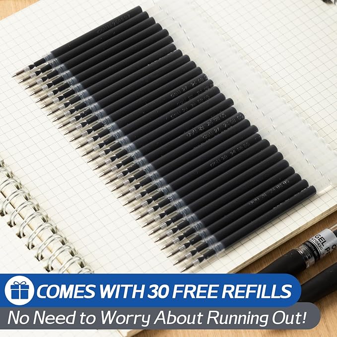 deli Gel Pens, 50 Pcs Retractable Pens Black Ink, 20 Pens with 30 Refills，Medium Point Pen Bulk 0.7mm, Smooth Writing, Fast Dry, No Bleed for Journaling Note Taking, Home School Office Supplies