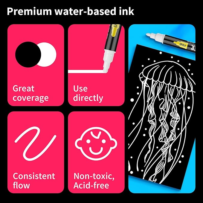 NAWOD 3 White Acrylic Paint Pens, Dual Tip (Fine 1mm + Dot 5mm) Permanent Markers for Rock, Fabric, Canvas, Ceramic, Glass, Wood, Paper, Labeling, Drawing, DIY Crafts