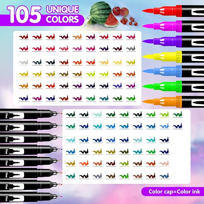 Brush Pens, 105 Colors Dual Tip Markers for Adult Coloring Books, Note Taking and Lettering