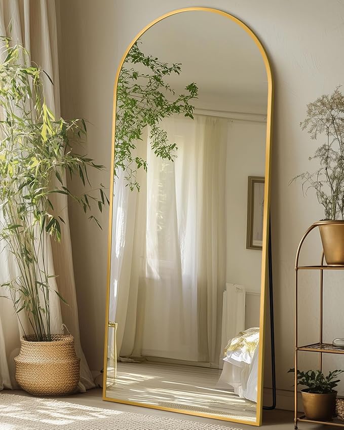 Full-Length Floor Mirror with Stand, 58"x19" Arched Style Full Body Standing Mirror for Bedroom, Living Room, Gym, Dorm - Shatter-Resistant & Easy Assembly, Gold