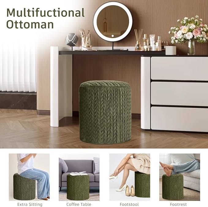 Modern Round Ottoman 2Pcs, Braided-Tufted Foot Stool Ottoman, Velvet Upholstered Vanity Stool for Makeup, Bedroom, Living Room, Dark Green